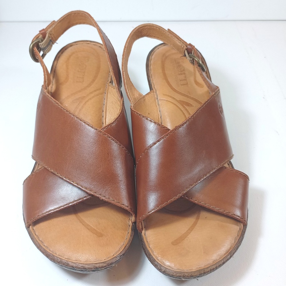 Born Womens 7 Brown Leather Cross Strap Wedge Sandals Slingback Comfort Shoes